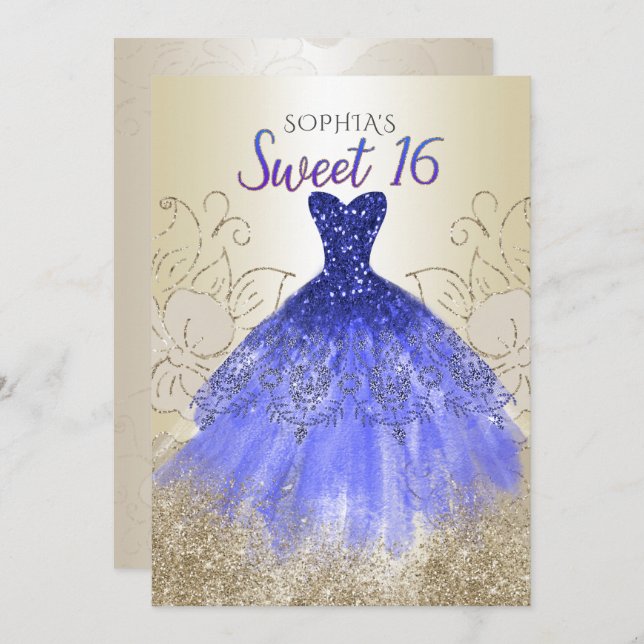 Gold Royal Blue Sparkle Dress Sweet 16  Invitation (Front/Back)