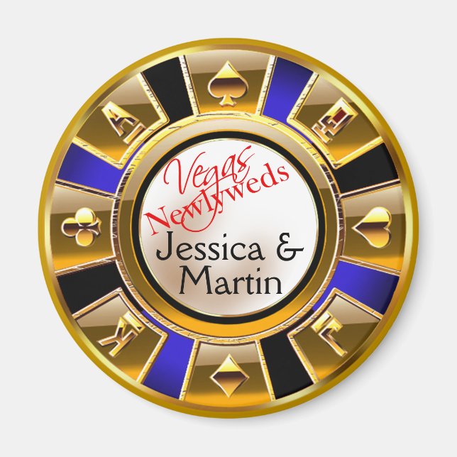 Gold & Royal Blue Vegas Casino Chip Favor Magnet (Front)
