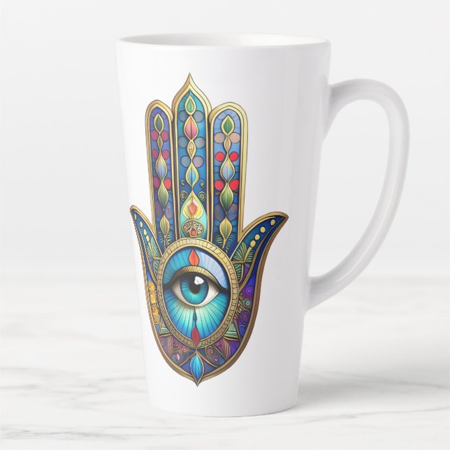 Gold Royal Blue w/ Turquoise Third Eye Hamsa Latte Mug (Right)