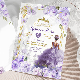 Gold Royal Castle Purple Floral Butterfly 15 Años Invitation