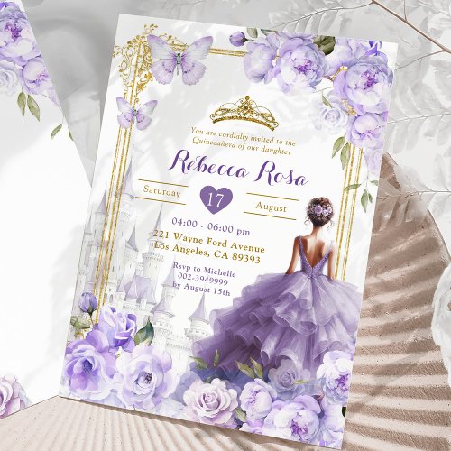 Gold Royal Castle Purple Floral Butterfly 15 Aos Invitation