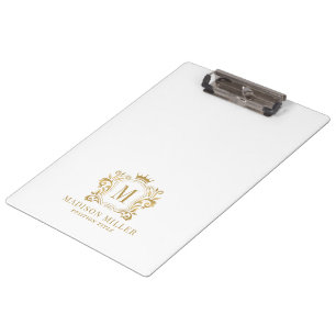 Gold Royal Crest Crown Scrolls Monogram Clipboard