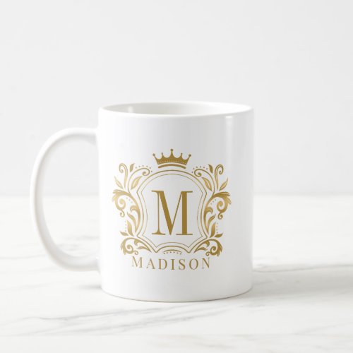 Gold Royal Crest Crown Scrolls Monogram Coffee Mug