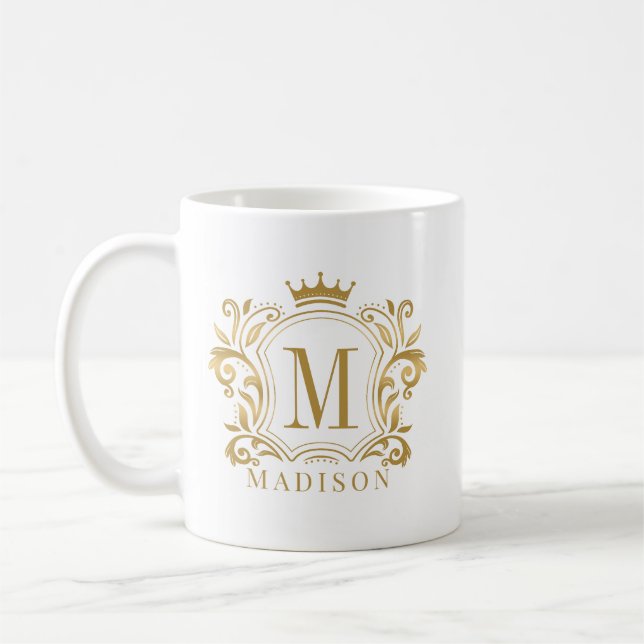 Gold Royal Crest Crown Scrolls Monogram Coffee Mug (Left)