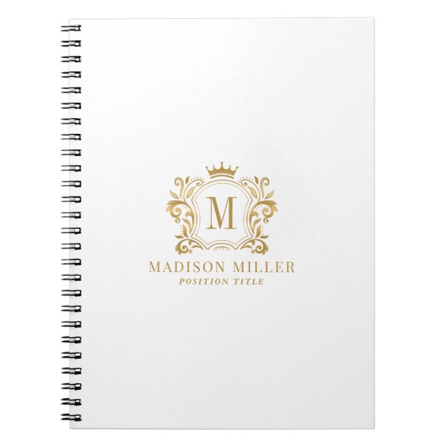Gold Royal Crest Crown Scrolls Monogram Notebook (Front)