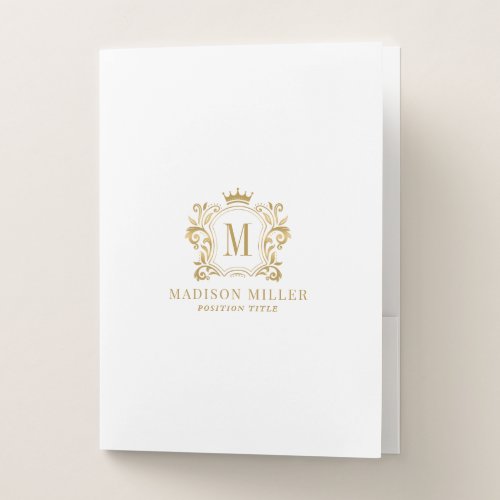 Gold Royal Crest Crown Scrolls Monogram Pocket Folder