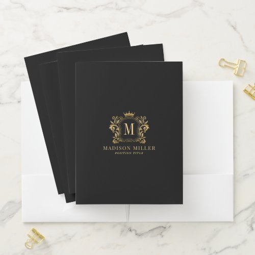 Gold Royal Crest Crown Scrolls Monogram Pocket Folder