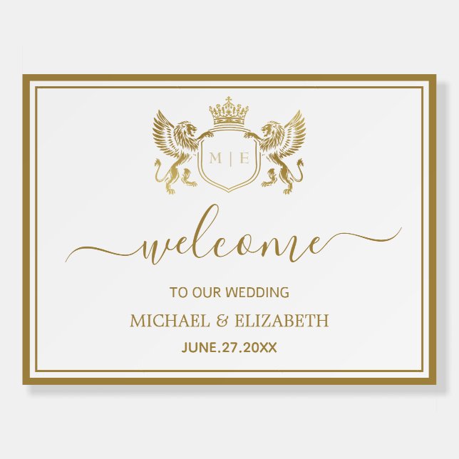 Gold Royal Crown Emblem Lions Monogram Wedding Foam Board (Front)