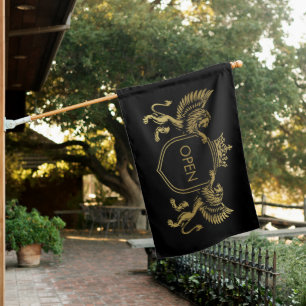 Gold Royal Crown Emblem Lions Open Sign Flag