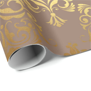 Gold Royal Damask Floral Ivory Beige Heraldic Wrapping Paper