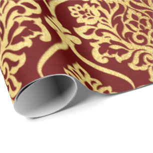 Gold Royal Damask Floral Maroon Burgundy Luxury Wrapping Paper