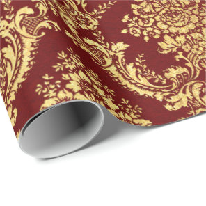 Gold Royal Damask Floral Maroon Burgundy Red Lux Wrapping Paper