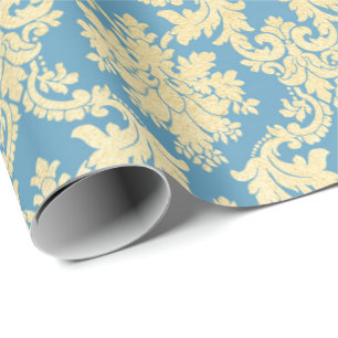 Gold Royal Damask Floral Ornament Blue Heraldic Wrapping Paper