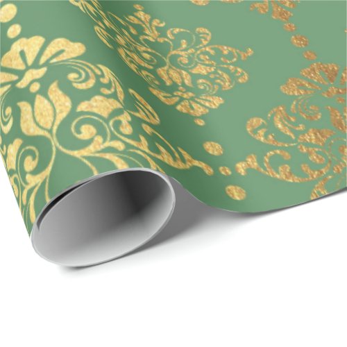 Gold Royal Damask Floral Ornament Mint Baroque Wrapping Paper