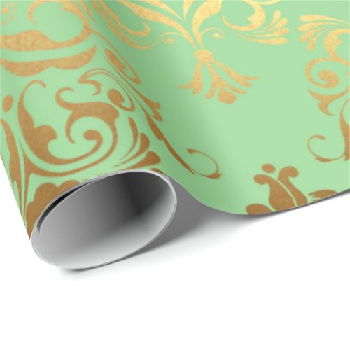 Gold Royal Damask Floral Ornament Mint Pastel Gree Wrapping Paper