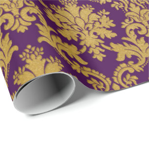 Gold Royal Damask Floral Purple Plum Baroque Wrapping Paper