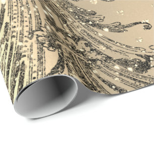 Gold Royal Damask Hearts Black French Sepia Faux Wrapping Paper