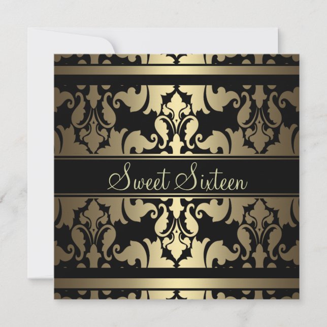 Gold Royal Damask Sweet16 Birthday Invite (Front)