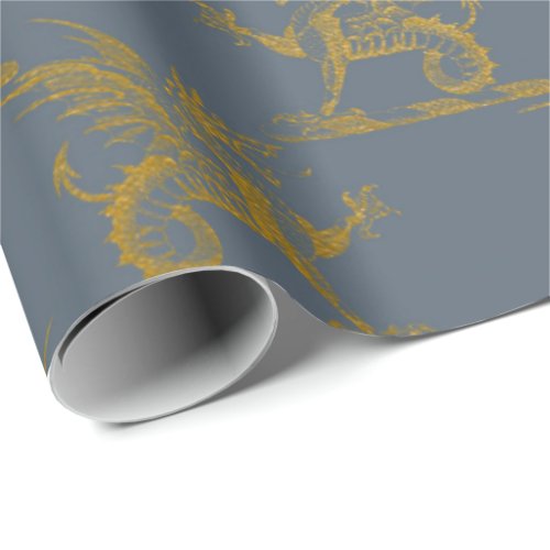 Gold Royal Dragon Fairly King Gray Blue Heraldic Wrapping Paper