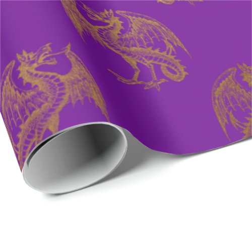 Gold Royal Dragon Fairly King Purple Plum Heraldic Wrapping Paper