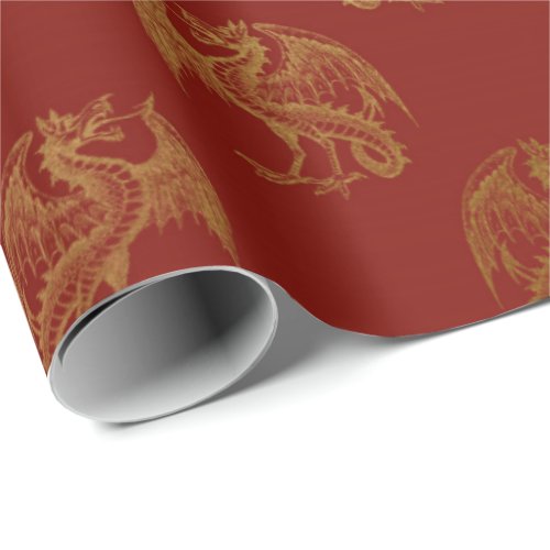 Gold Royal Dragon Fairly King Red Pastel Heraldic Wrapping Paper