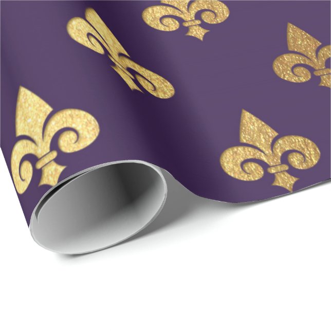 Gold Royal Fior De Lise Ornament Heraldic Indigo Wrapping Paper (Roll Corner)