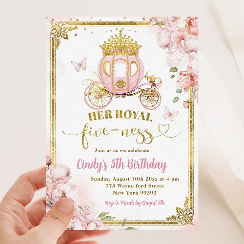 Gold Royal Fiveness Princess Carriage Birthday Invitation