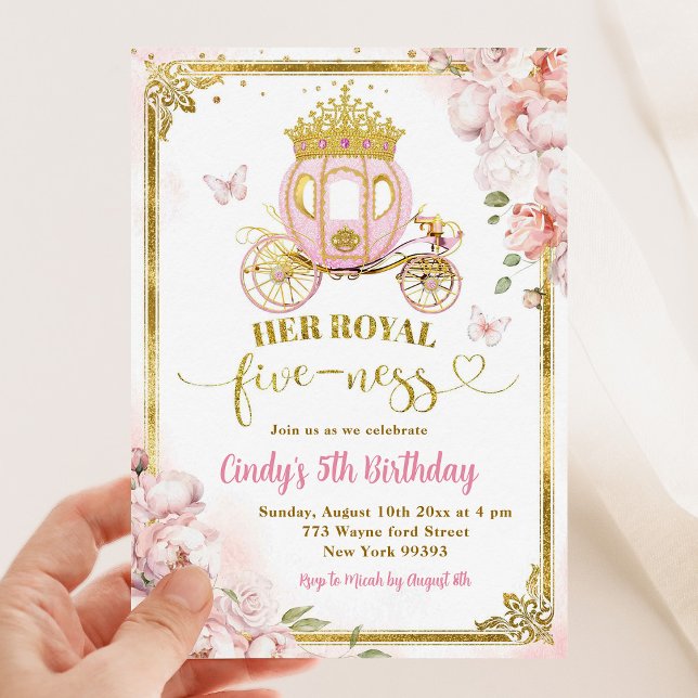 Gold Royal Fiveness Princess Carriage Birthday Invitation (Creator Uploaded)