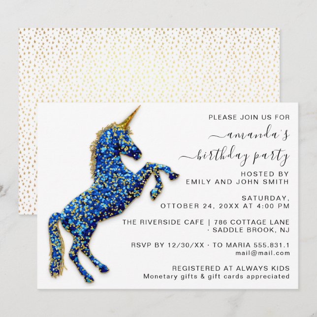 Gold Royal Glitter Unicorn Blue Horse Princess Invitation (Front/Back)