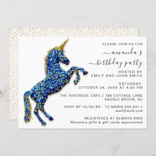 Gold Royal Glitter Unicorn Blue Horse Princess Invitation