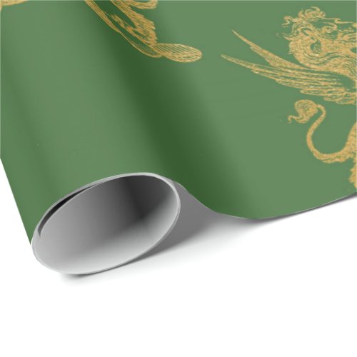 Gold Royal Lion Fairly King Green Grass Heraldic Wrapping Paper