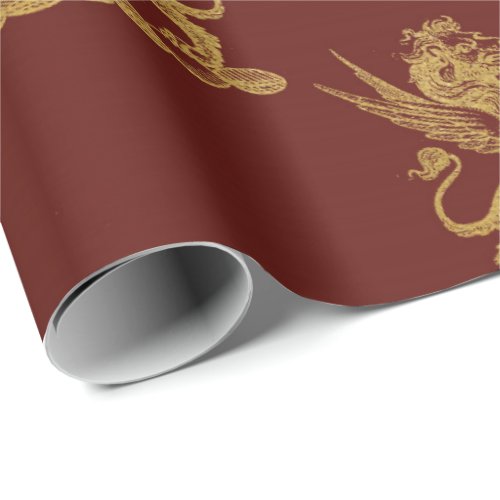 Gold Royal Lions Fairly King Maroon Red Heraldic Wrapping Paper