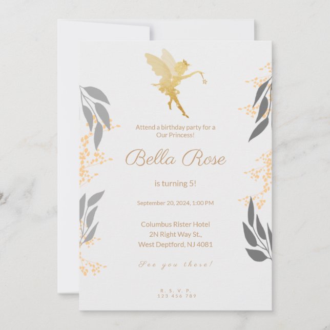 Gold royal looking 5th birthday invitation card (Front)