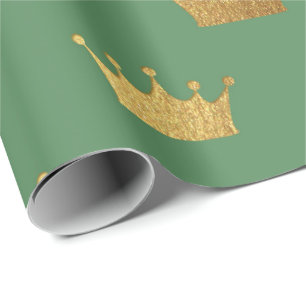 Gold Royal Mint Green King Crown Heraldic Princess Wrapping Paper