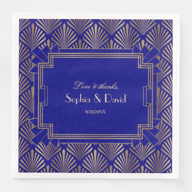 Gold Royal Navy Blue Great Gatsby Art Deco Wedding Paper Dinner Napkins (Front)