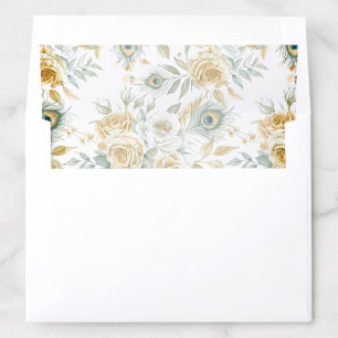 Gold Royal Peacock Feathers Floral Wedding Envelope Liner