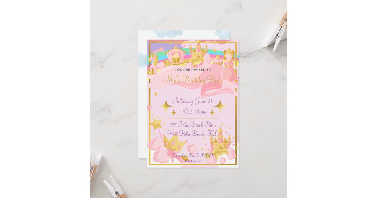 Elegant Princess Scroll Birthday Invitation in Gold and Pink
