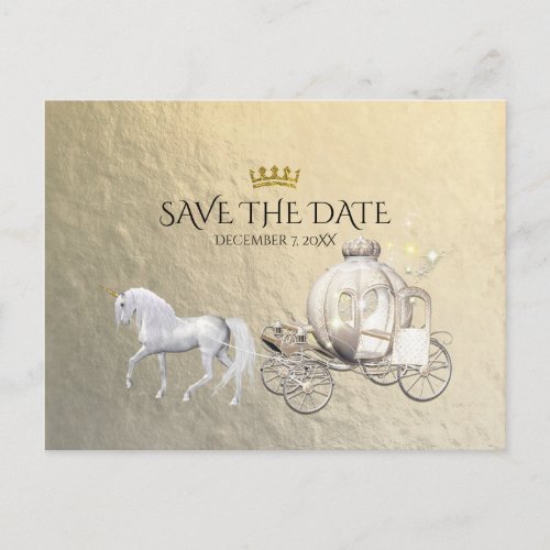 Gold Royal Princess Storybook Carriage Save Date Announcement Postcard