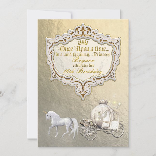 Gold Royal Princess Storybook Carriage & Unicorn Invitation (Front)