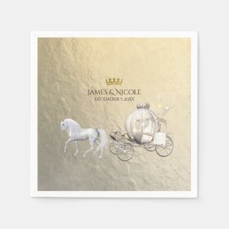 Gold Royal Princess Storybook Carriage & Unicorn Paper Napkin