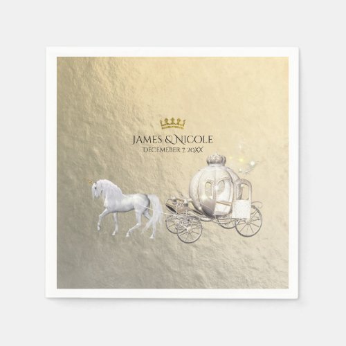 Gold Royal Princess Storybook Carriage  Unicorn Paper Napkins