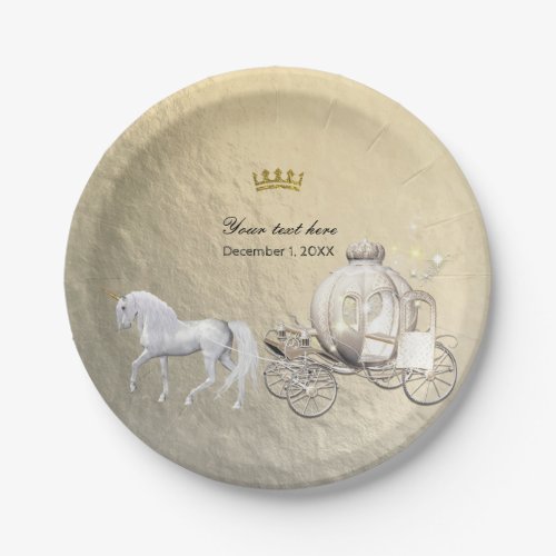 Gold Royal Princess Storybook Carriage  Unicorn Paper Plates