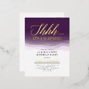 Gold & Royal Purple Watercolor Surprise Birthday Foil Invitation Postcard