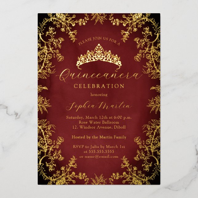 Gold Royal Red Elegant Vintage Quinceanera  Foil Invitation (Front)