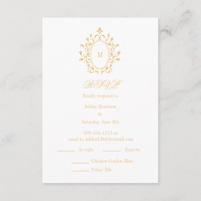 Gold RSVP card Monogram With 2 Entree Choice (Front)