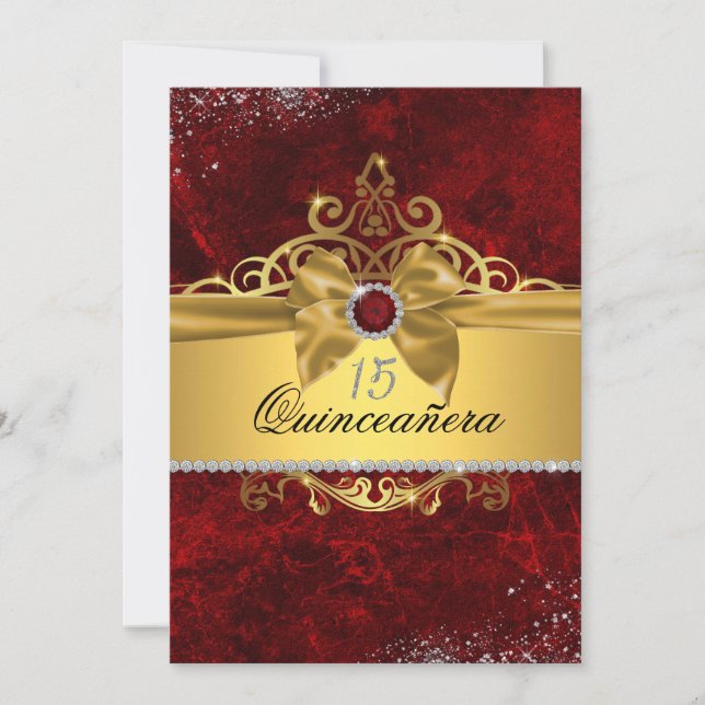 Gold Ruby Red Quinceanera Invite (Front)