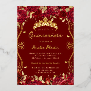 Gold Ruby Red Swirl Scroll Floral Quinceanera  Foil Invitation