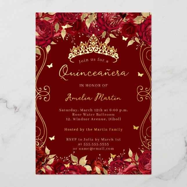Gold Ruby Red Swirl Scroll Floral Quinceanera  Foil Invitation (Front)