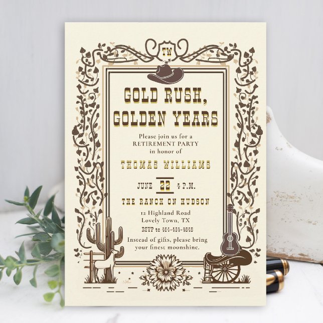 Gold Rush Golden Years Western Vintage Retirement Invitation (men retirement party invitation golden rush western old west country cowboy rustic botanical elegant)