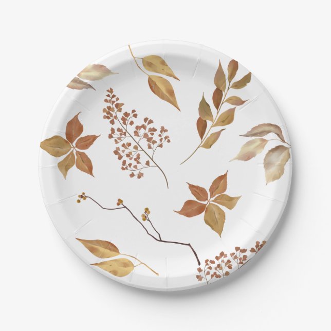 Gold Rust Fall Leaves Thanksgiving Friendsgiving Paper Plates (Front)